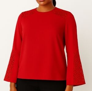 Jones Studio Lace Detail Pullover With Bell Sleeves Top Red 2X